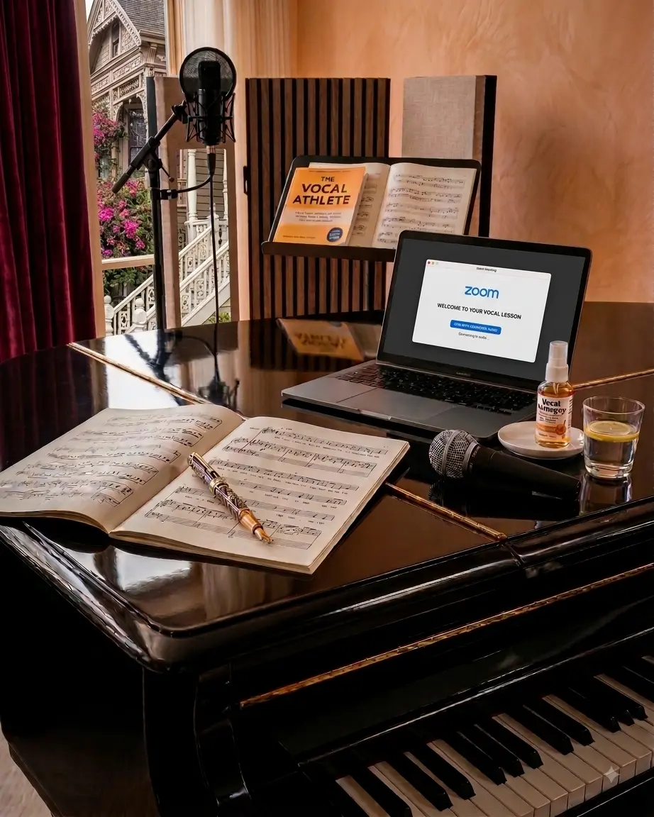 Handwritten vocal exercise notes and a laptop set up for an online lesson on a grand piano