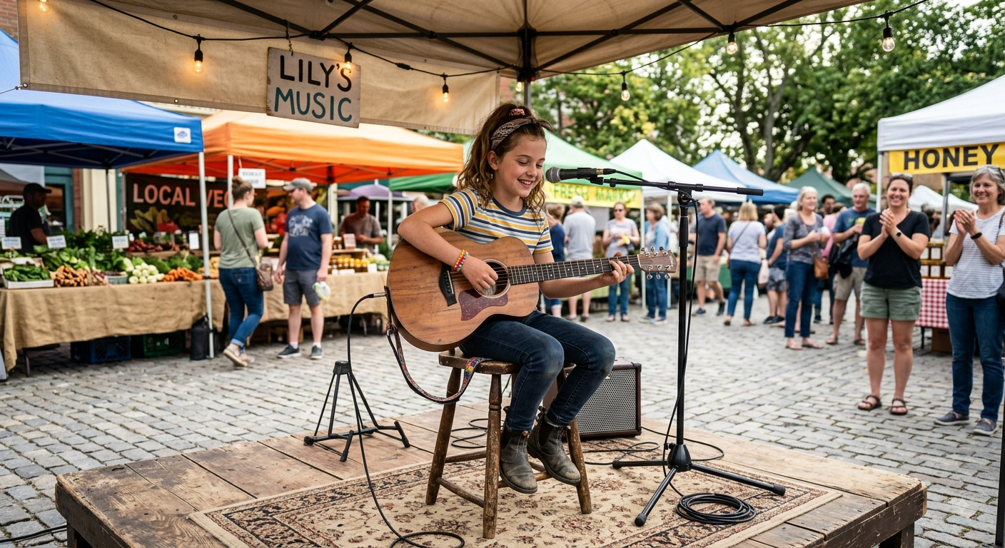A young student singing into a microphone while playing acoustic guitar on a small stage at a farmers market