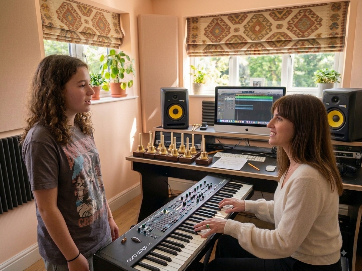 Lucinda Belle at the keyboard coaching a teenage singer in her studio